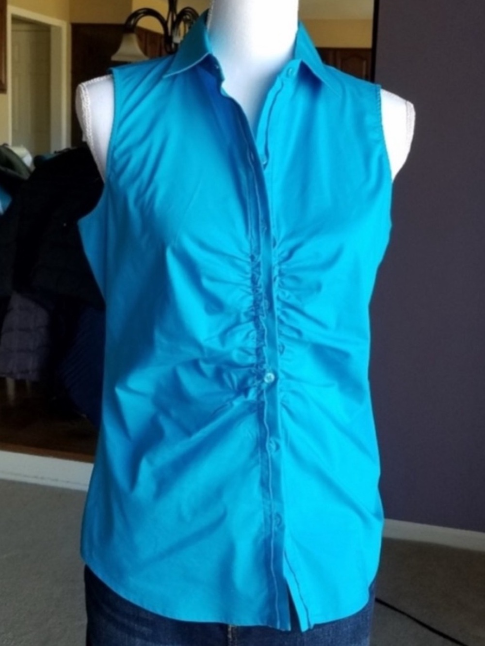 New York & Company Blue Turquoise Sleeveless Ruched Shirt NWOT
